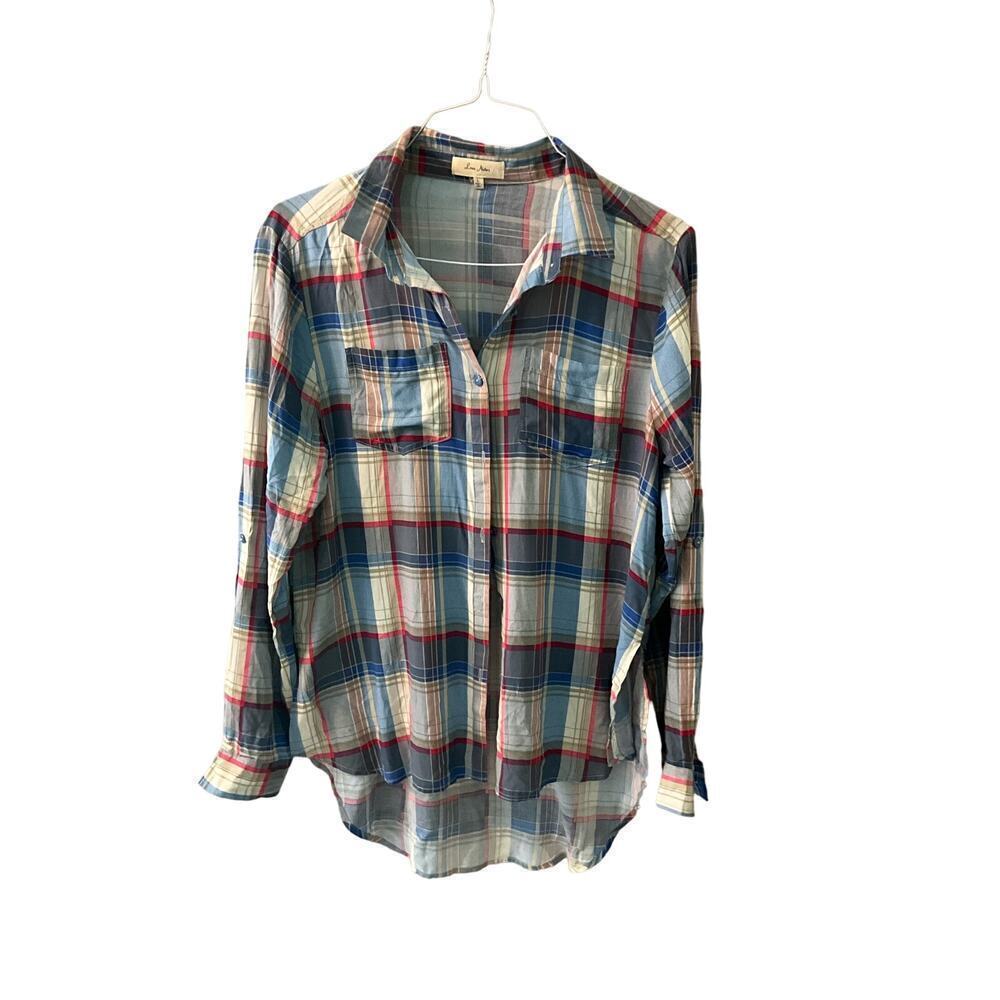 Love Notes Tunic Button-Up Shirt Women Size L Multicolor Plaid Long Sleeve Rayon